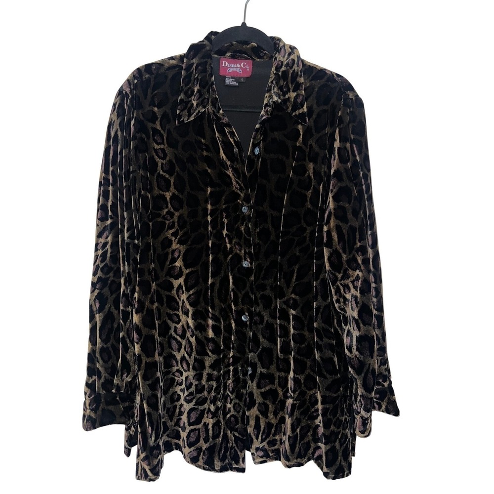 Vtg Denim & Co Leopard Print Velvet Button Down Shirt Brown Black Animal Print L